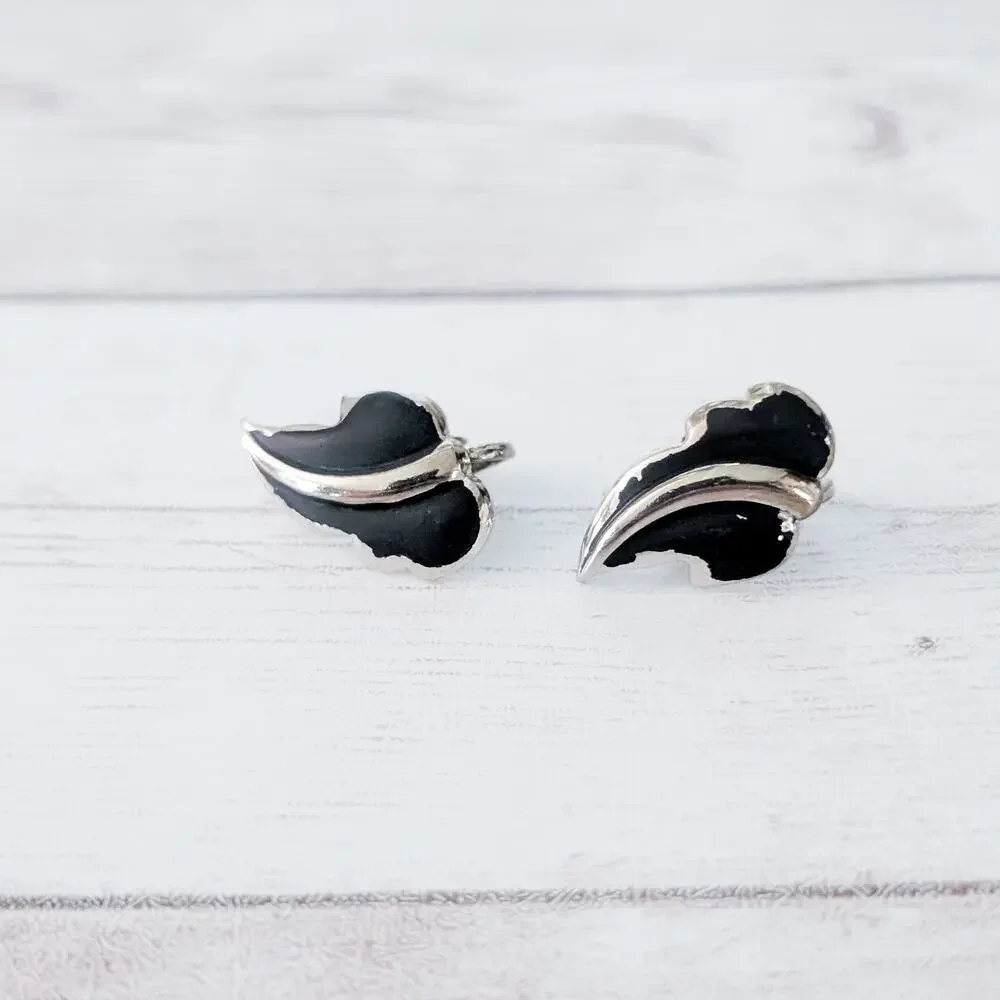 Vintage Clip On Earrings Silver Tone & Black Leaf - Some Paint Chipping